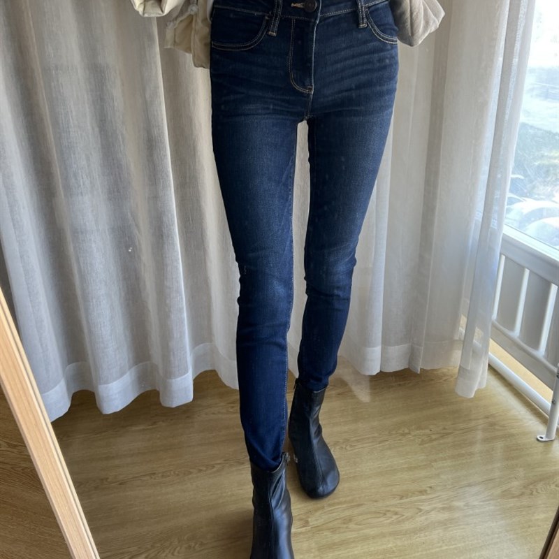 鹰家水洗高弹秋冬深蓝大码显瘦牛仔裤紧身提臀高腰小脚女89分长裤