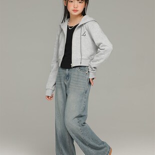 小女森女童春秋裤子水洗复古蓝牛仔裤儿童不对称腰头设计感阔腿裤