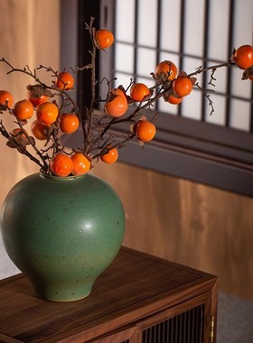 景德镇侘寂风手工粗陶水养鲜花花器插花客厅摆件简约复古绿色花瓶