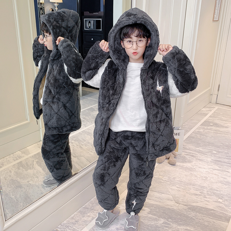 儿童睡衣冬季加厚男童法兰绒三层夹棉加绒珊瑚绒深灰配米白家居服