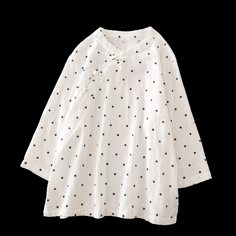 夏季立领双层棉纱斜襟盘扣七分袖衬衫女国风复古圆点衬衣波点上衣