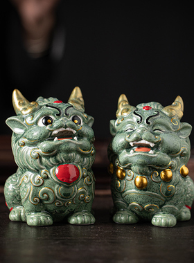 禅意中式陶瓷祥瑞麒麟瑞兽摆件创意家居客厅办公室桌面装饰礼品