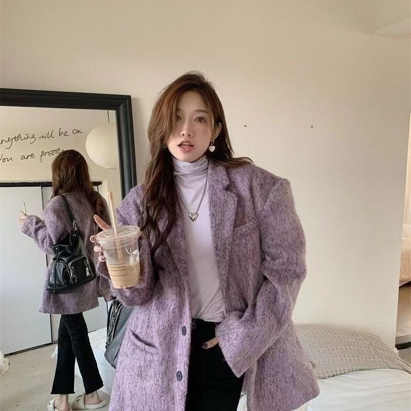 紫色中长款毛呢西装外套女秋季新款小个子高级感气质加厚西服