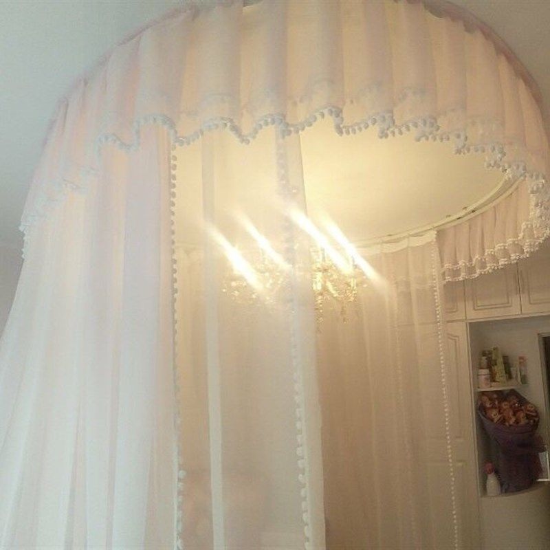 公主圆顶圆床轨道纯白欧式宫廷毛毛球酒店家用床幔帘头隔断装饰纱