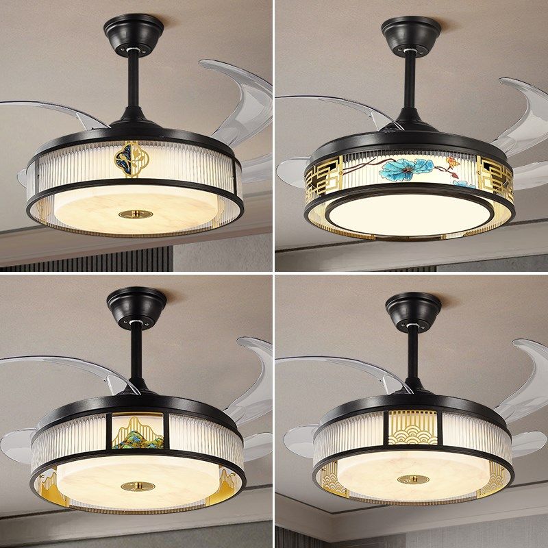 新中式餐厅隐形风扇灯带风扇的客厅饭厅灯风扇一体静音变频吊扇灯