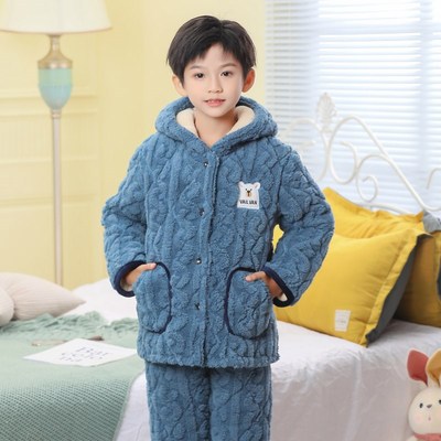 儿童男睡衣套装冬季中大童男童宝宝三层夹棉加绒加厚可外穿居家服