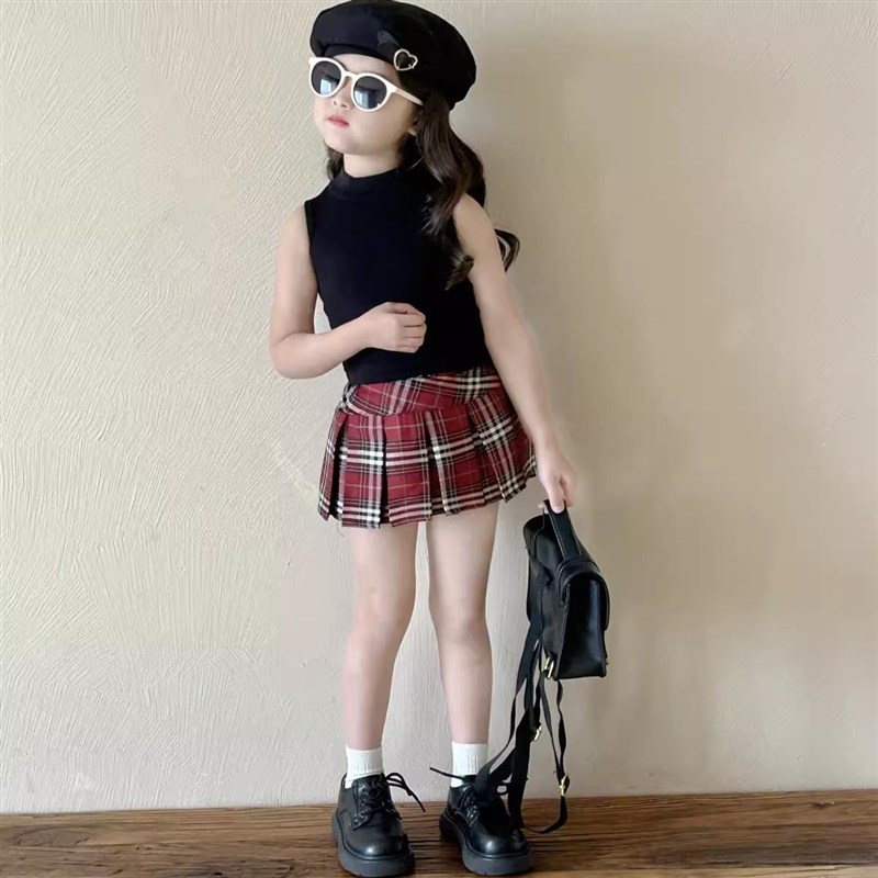女童高腰半身裙学院风JK百褶裙红色格子2024小女孩时尚中大童短裙