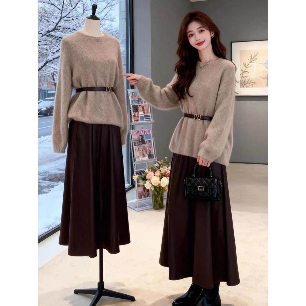 套装女2025新款冬装法式复古收腰针织毛衣高级感显瘦半身裙两件套