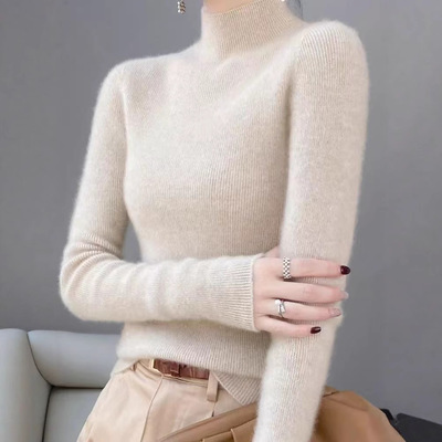 2025秋冬新款100纯羊毛衫女半高领抽条打底修身显瘦羊绒内搭毛衣