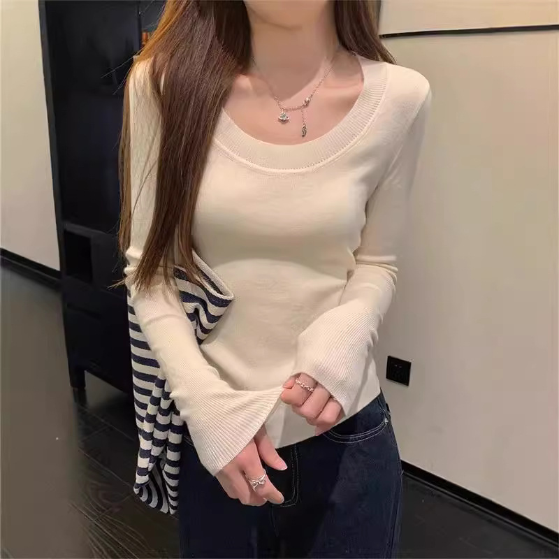 低领打底衫女2024新款春秋薄款修身长袖正肩U领内搭毛衣针织上衣