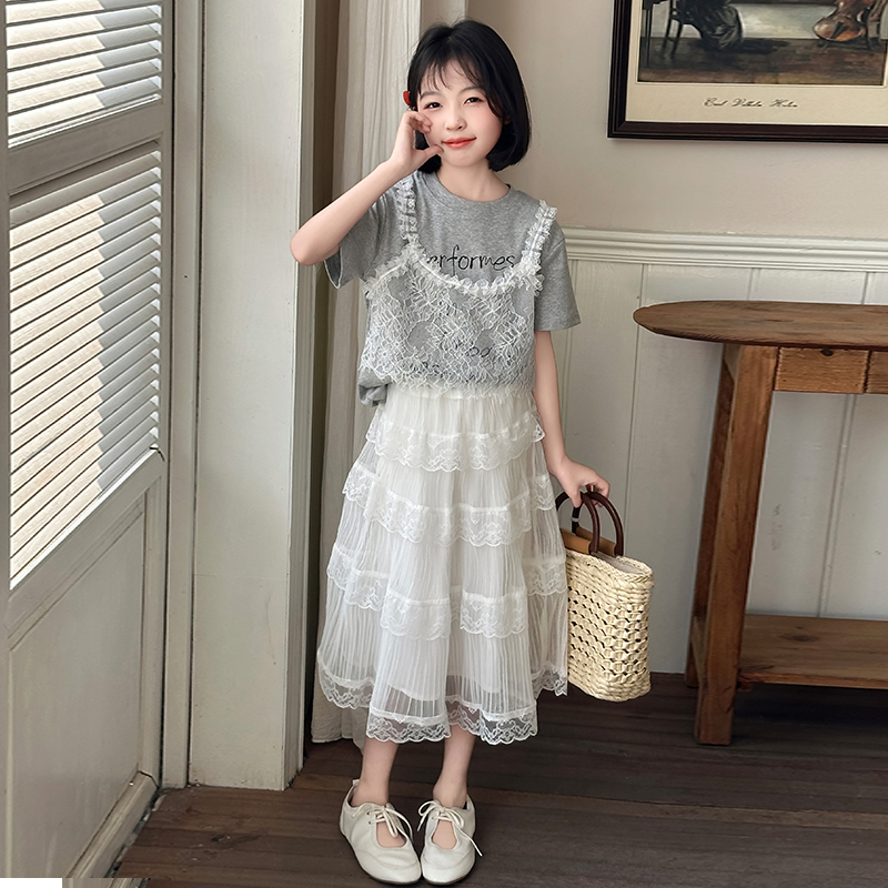 女大童夏季白色半身裙套