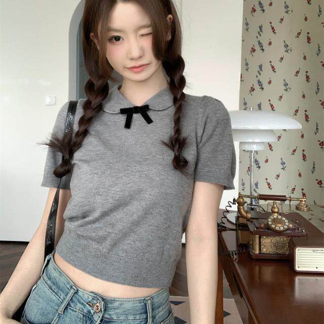 独特设计感夏季娃娃领显瘦学院风甜辣针织短袖t恤女短款小衫上衣