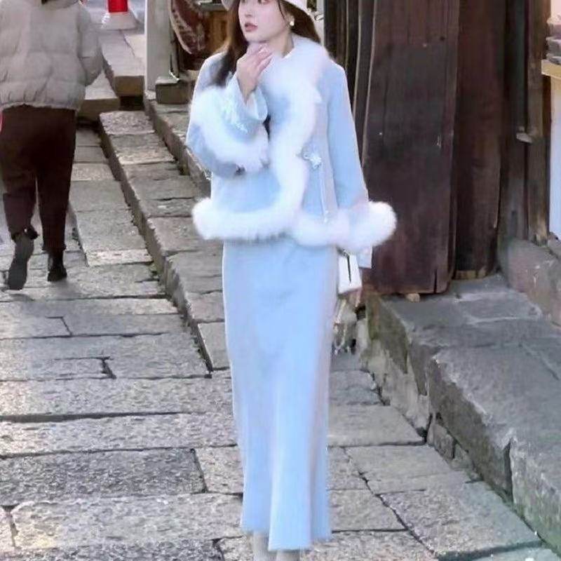 民国风浅蓝毛绒拼接套装女冬季加厚不规则短款外套+鱼尾裙两件套