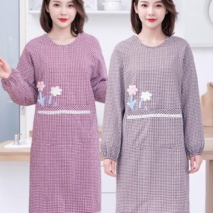 防污帶袖 工作服 圍裙女士時(shí)尚 田園風(fēng)加厚棉布罩衣家用廚房做飯長(zhǎng)袖