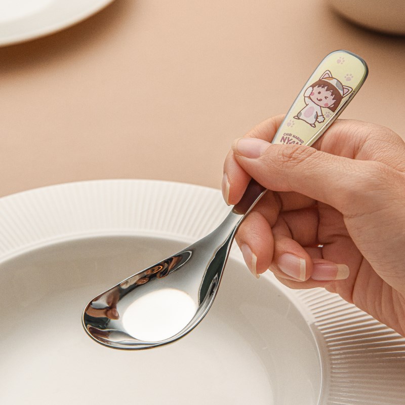 樱桃小丸子汤勺304不锈钢儿童吃饭勺可爱元宝勺家用长柄勺子汤匙