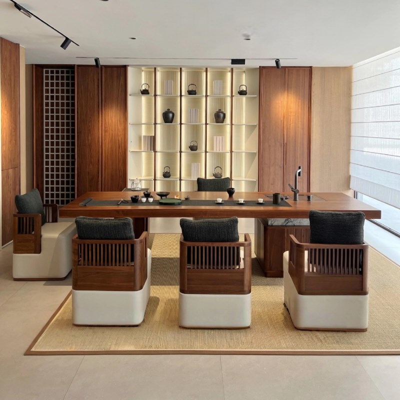 新中式实木茶桌胡桃木办公室茶台会所茶馆接待泡茶桌2025新款高端