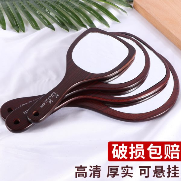 美容院专用化妆手柄镜子 手工制作大号复古木质便捷梳妆镜