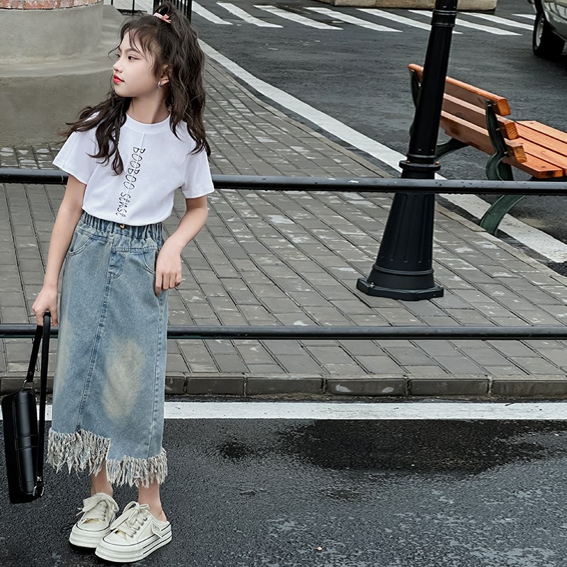 女童夏季短袖t恤上衣流苏开叉牛仔裙套装新款儿童中大童女孩夏装