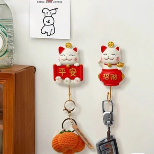 钥匙挂钩入户门口创意可爱招财猫进门收纳卡通壁挂粘钩锁匙挂钩架
