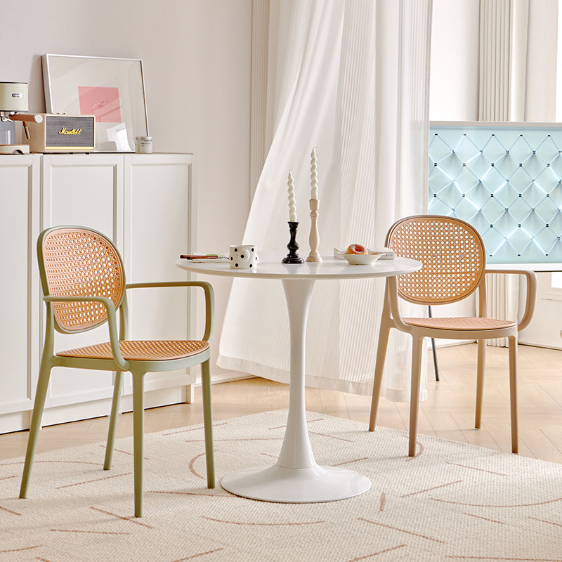 加厚塑料餐椅户外仿藤编家用阳台书桌椅可叠放带扶手靠背侘寂凳子,住宅家具,餐椅,淘宝优惠券,粉丝福利购,淘宝优惠卷