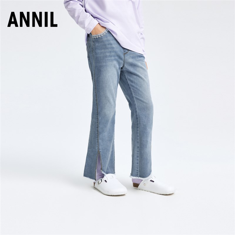 安奈儿童装女童牛仔喇叭单裤2024春季新款甜酷开叉长裤休闲显瘦