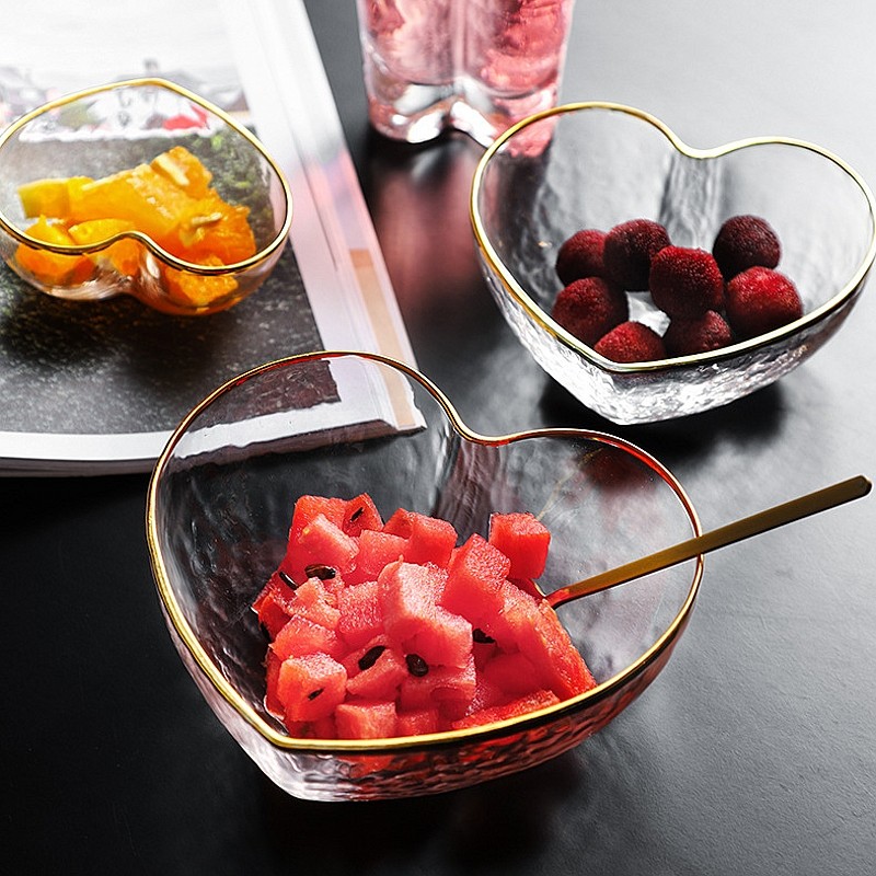 日式心形碗爱心玻璃碗方形碗金边甜品沙拉碗可爱点心碗网红早餐碗