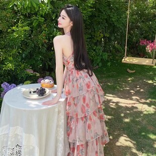 海边度假沙滩裙碎花绝美超仙性感热辣雪纺蛋糕吊带裙连衣裙女夏季
