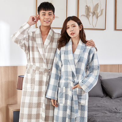 纯棉四季浴袍男女情侣中长款三层纱布睡袍夏全棉吸水浴衣秋冬加厚