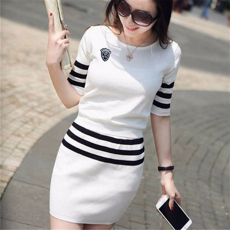 条纹针织两件套连衣裙女套装裙新款春夏装时尚短裙子包臀裙气质秋