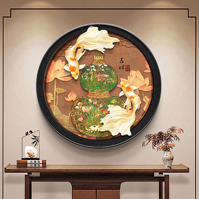 百福图客厅背景墙挂画中古风葫芦圆形玄壁画复古荷图走廊壁画
