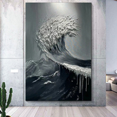 玄关肌理画客厅手绘油画黑白色海浪挂画大芬村石英砂岩立体落地画