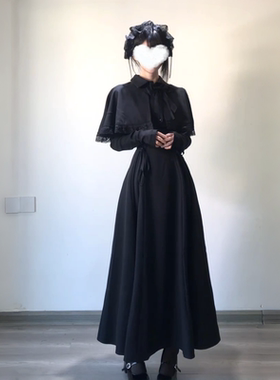 法式气质黑色长袖连衣裙暗黑系哥特绑带收腰斗篷式长裙显瘦蕾服女