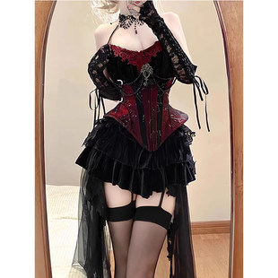 万圣节cos服饰暗黑哥特丝绒束腰挂脖吊带套装可拆卸半身裙两件套