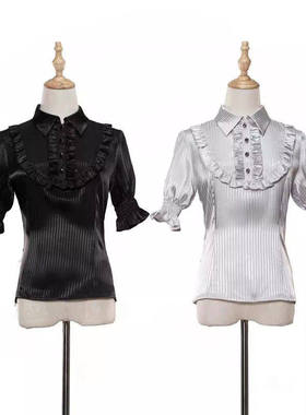 【伊利亚】女巫制造原创设计Lolita短袖尖领条纹衬衣花边长袖内搭