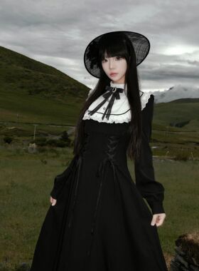 暗黑cla系哥特修女黑色Lolita长款收腰连衣裙送胸针