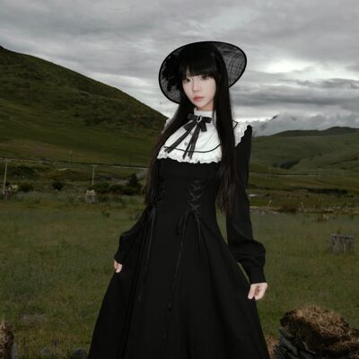 暗黑cla系哥特修女黑色Lolita长款收腰连衣裙送胸针