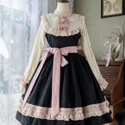 纸袋猫Lolita洛丽塔连衣裙黑色粉色焦糖奶云再版套装(OP+斗篷