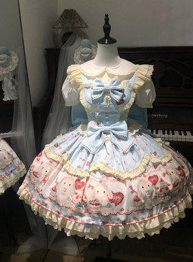原创lolita【萌兔派对】蓝色可爱兔子蛋糕裙萝莉塔衬衫