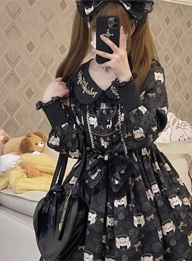 秋日虎虎/晚安了喵Lolita刺绣日常op春季长袖可爱连衣裙