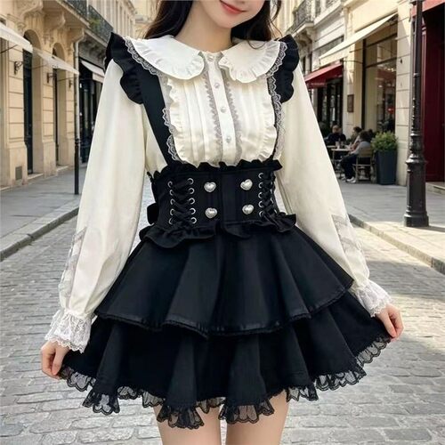 黑色少女日系lolita连衣裙蕾丝花边衬衫套装重工设计感两件套ins