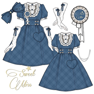 打歌服原创lolita昭和少女修身版型日常夏日格子连衣裙徽章送发箍