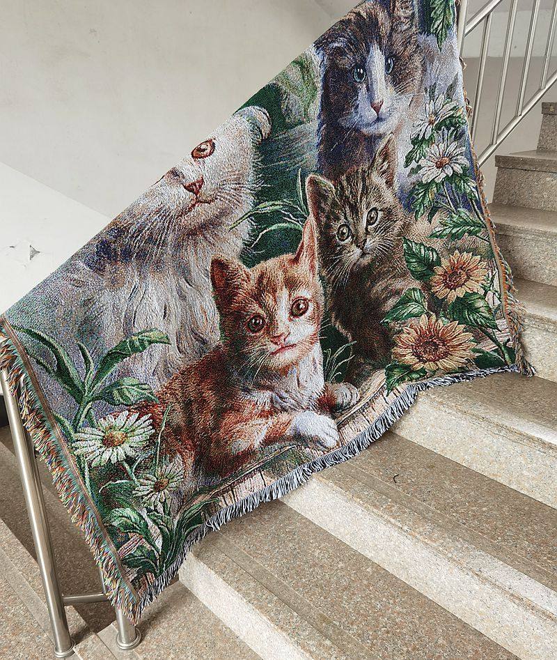 直销猫咪喵星装饰挂毯沙发垫沙发毯田园野餐垫宠物棉盖巾
