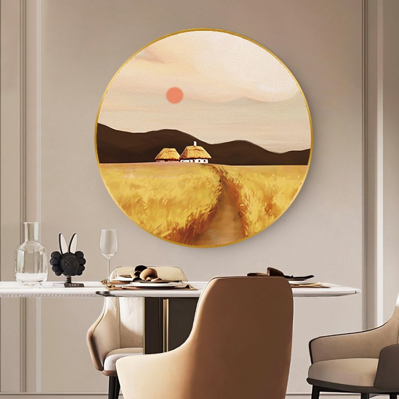 现代入户玄饰画落日夕阳圆形晶瓷画客厅沙发背景墙挂画