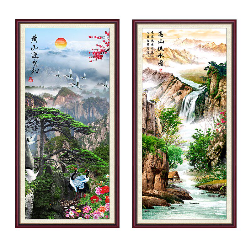 山流水自粘油画布墙画山水玄关饰画走廊过道壁画迎客松