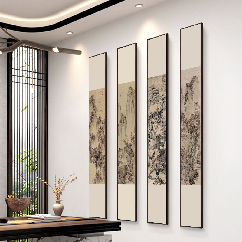 入户玄关装饰画新茶室背景墙书房壁画客厅竖长条山水国画带框