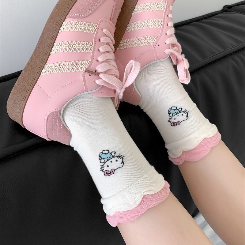 *可爱kitty*春秋学院可爱卡通猫咪袜子女蝴蝶结花边中筒袜堆堆袜