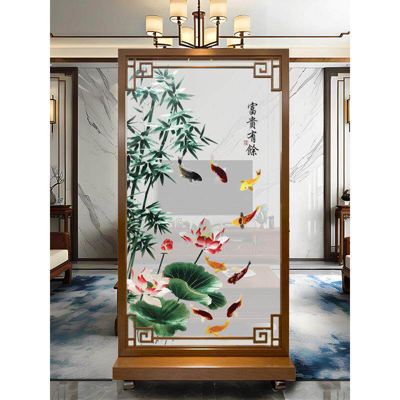 新中式实木屏风隔断客厅玄关办公室遮挡装饰荷花竹子鱼双面绣苏绣
