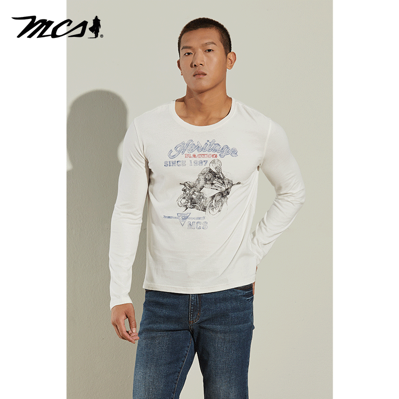 MCS男装罗纹圆领纯棉印花长袖T恤