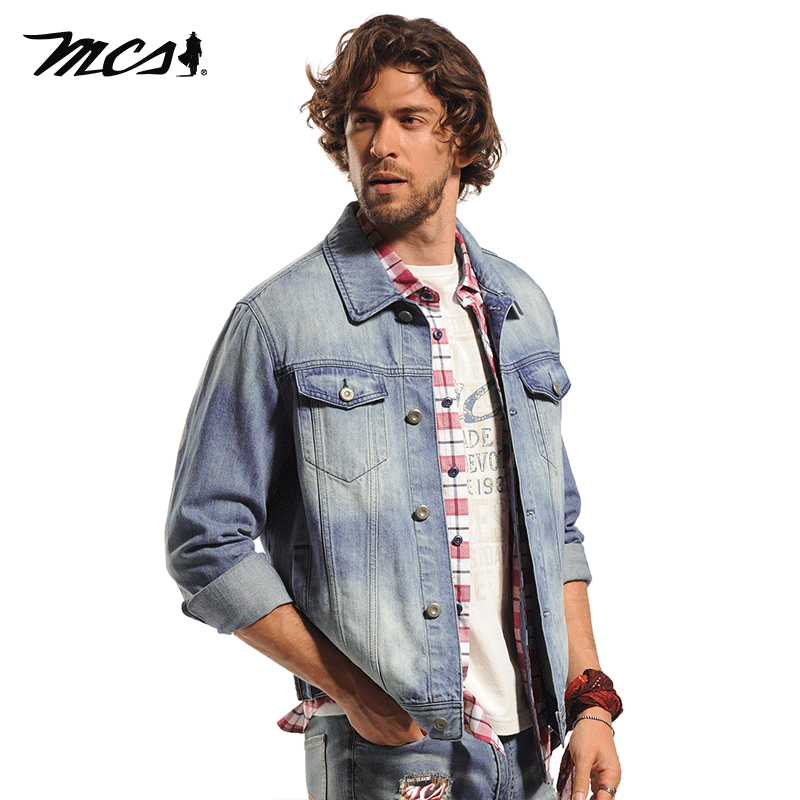 mcs纯棉休闲翻领纽扣牛仔外套男
