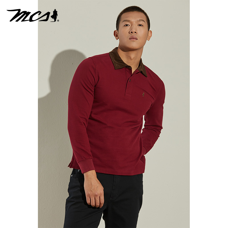 MCS男装亲肤舒适翻领休闲长袖T恤